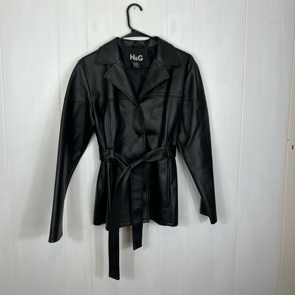 Vintage Faux‎ Leather Belted Jacket Sz L